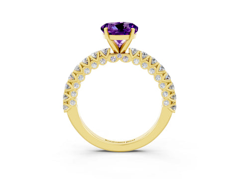 Yellow gold Round Cut Diamond Pavé Band Solitaire Ring with Prong Setting_3