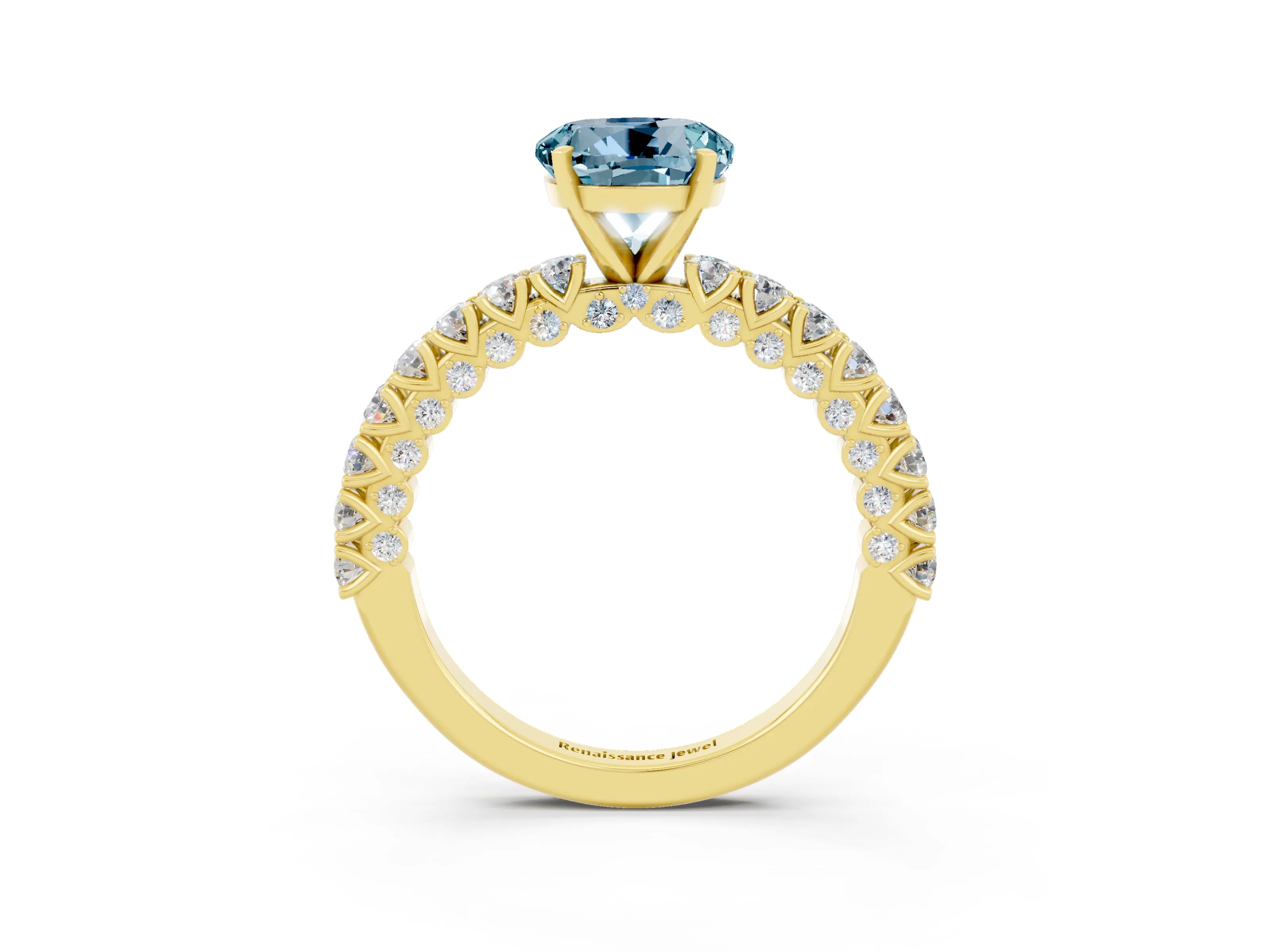 Yellow gold Round Cut Diamond Pavé Band Solitaire Ring with Prong Setting_3