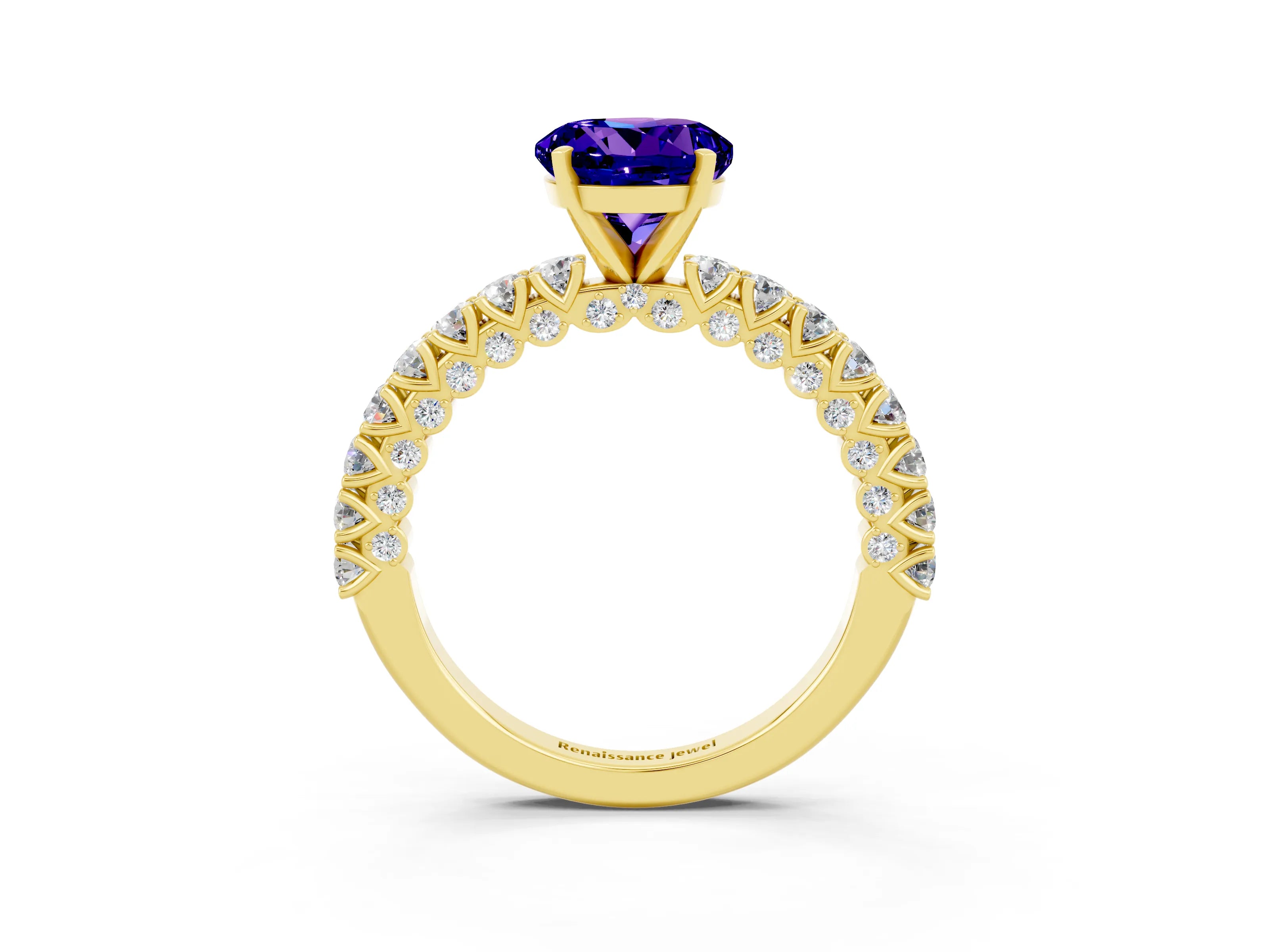 Yellow gold Round Cut Diamond Pavé Band Solitaire Ring with Prong Setting_3