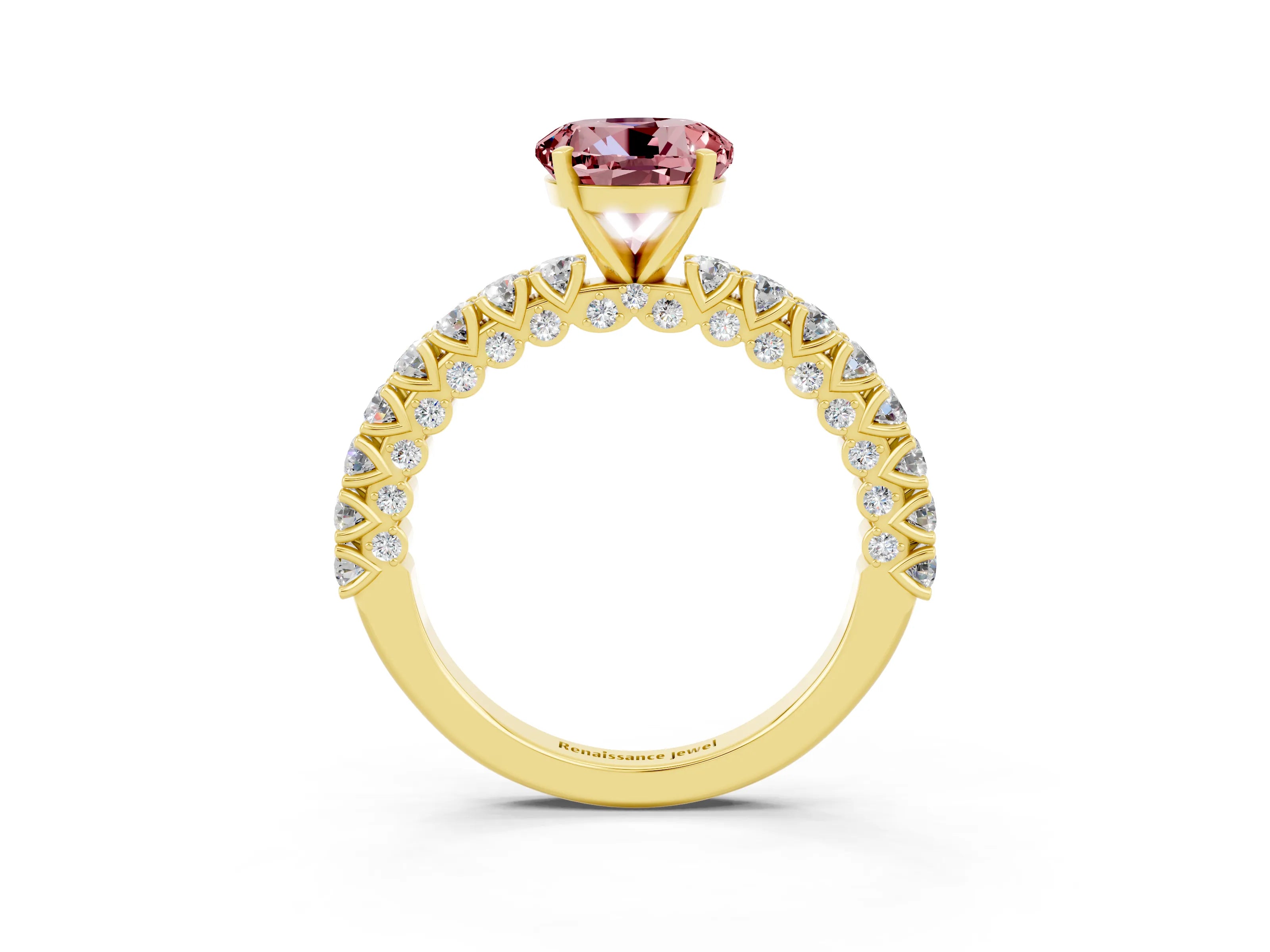 Yellow gold Round Cut Diamond Pavé Band Solitaire Ring with Prong Setting_3