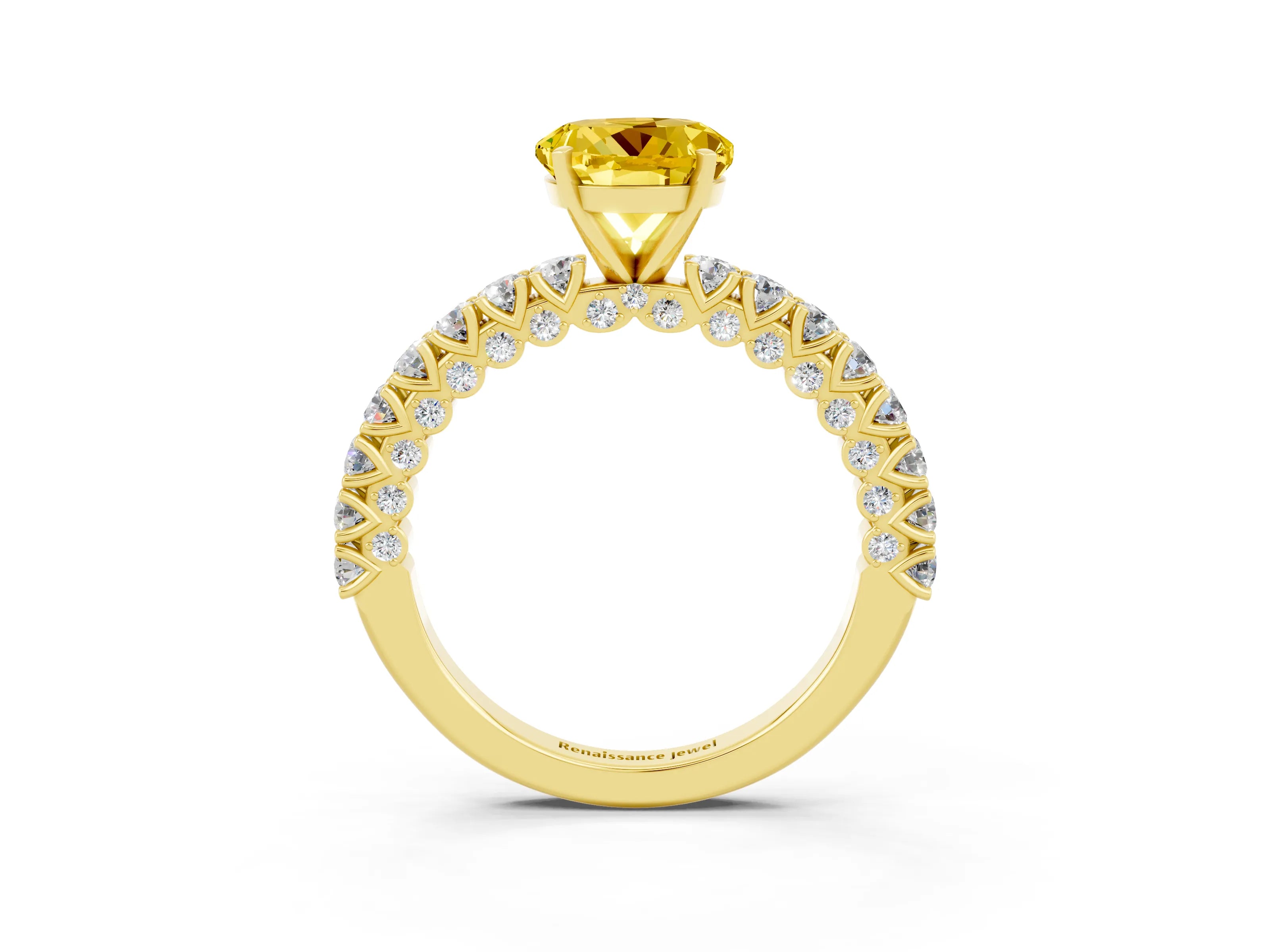 Yellow gold Round Cut Diamond Pavé Band Solitaire Ring with Prong Setting_3