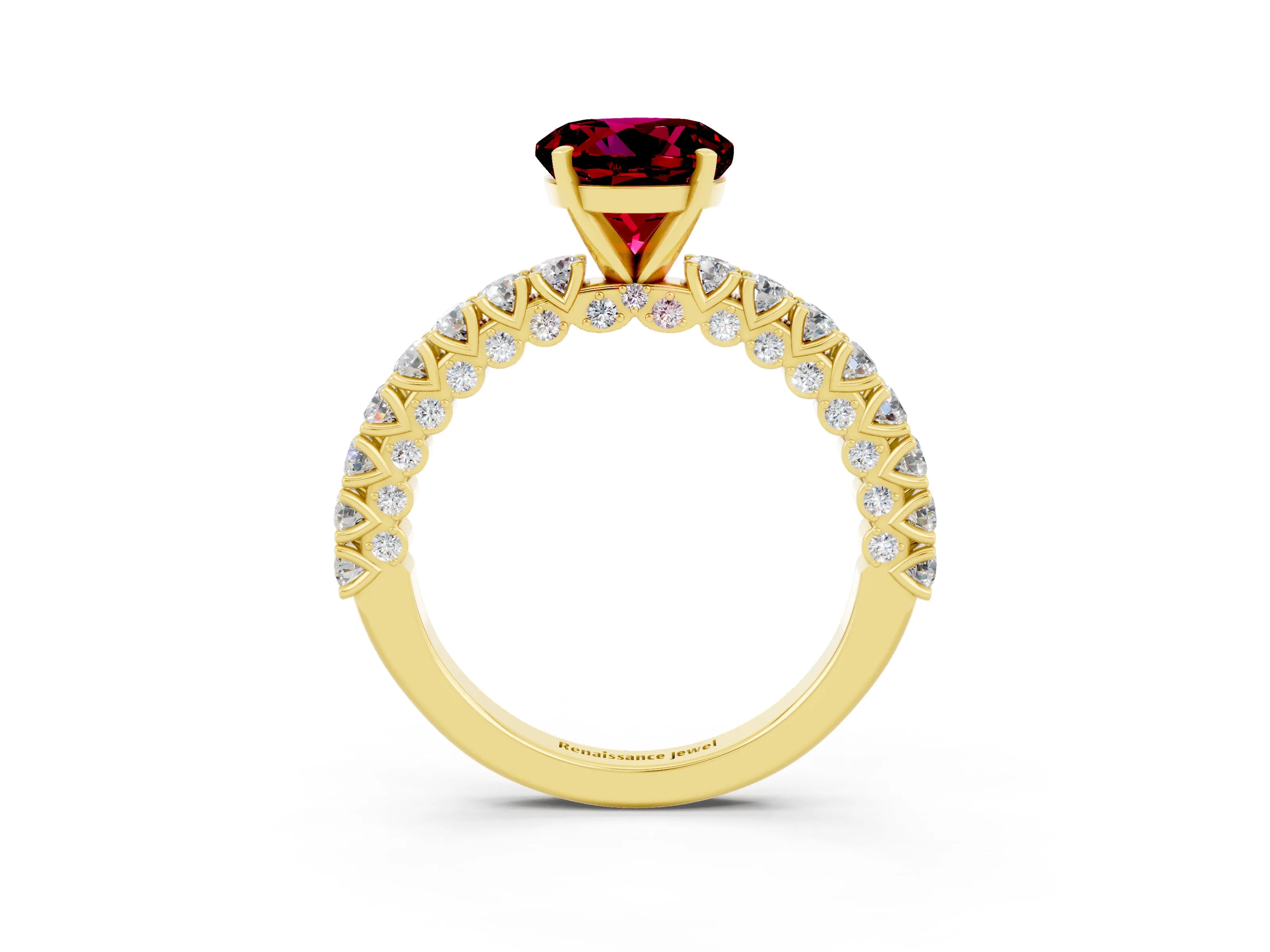 Yellow gold Round Cut Diamond Pavé Band Solitaire Ring with Prong Setting_3