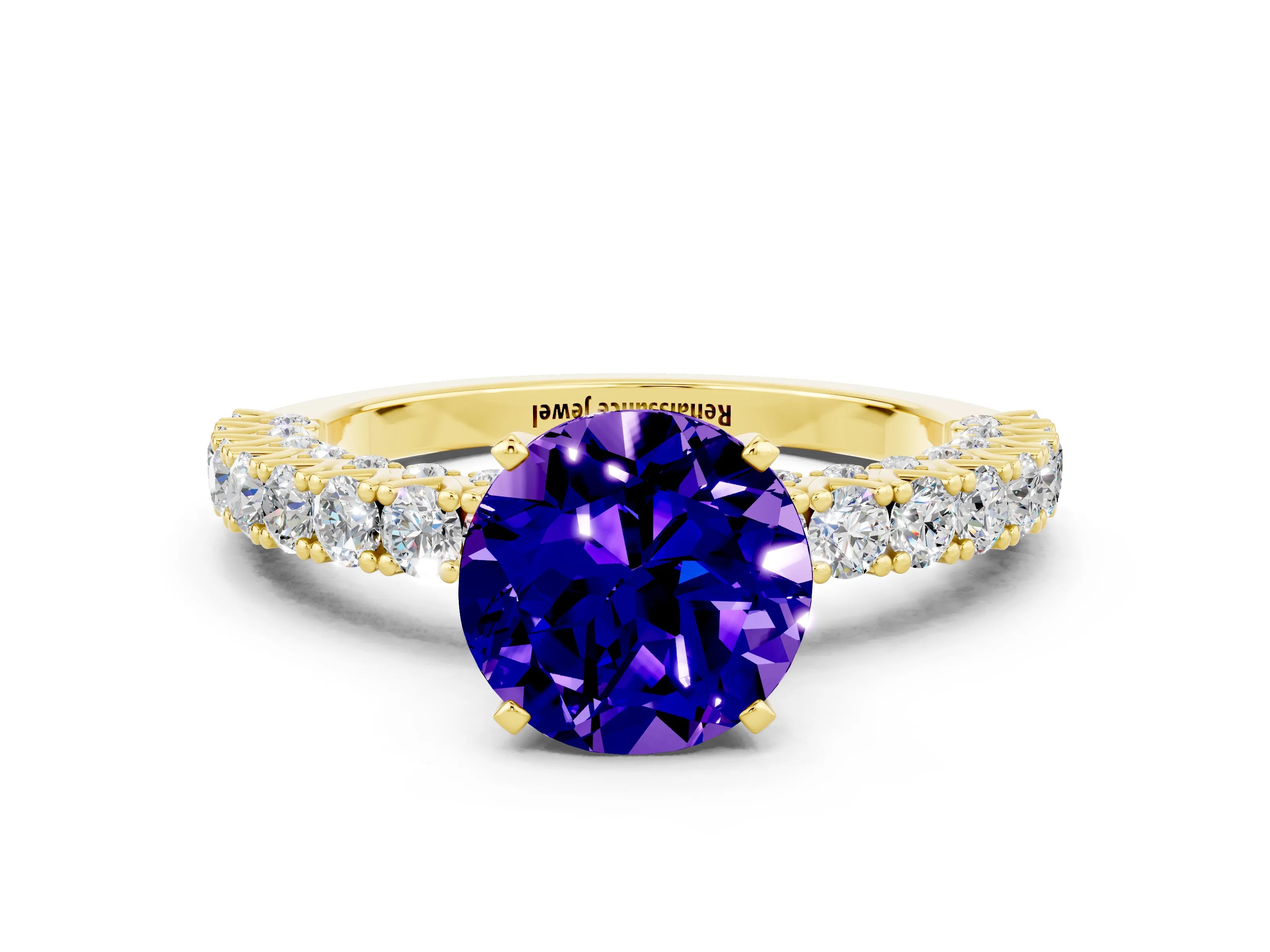 Yellow gold Round Cut Diamond Pavé Band Solitaire Ring with Prong Setting