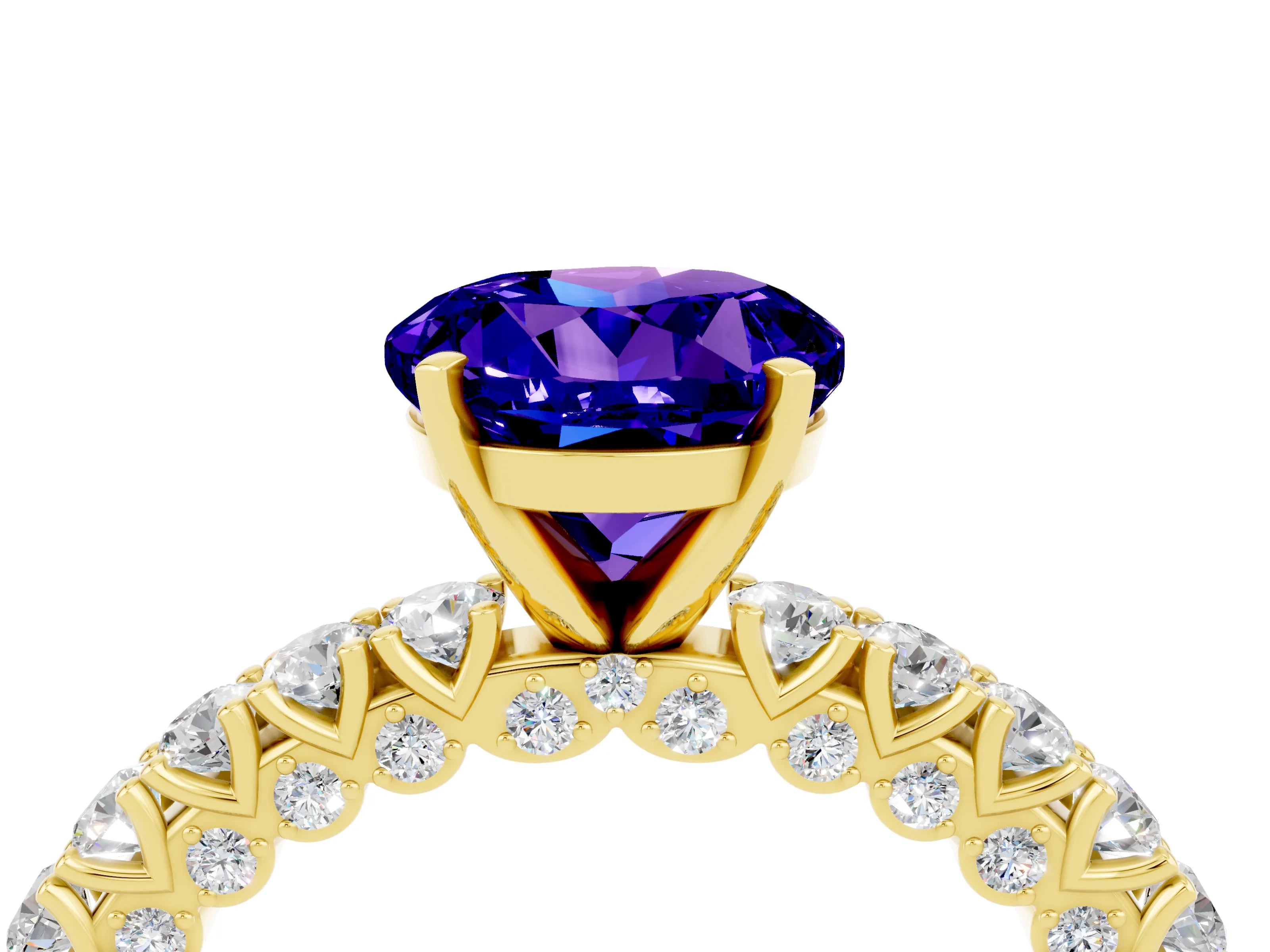 Yellow gold Round Cut Diamond Pavé Band Solitaire Ring with Prong Setting_4