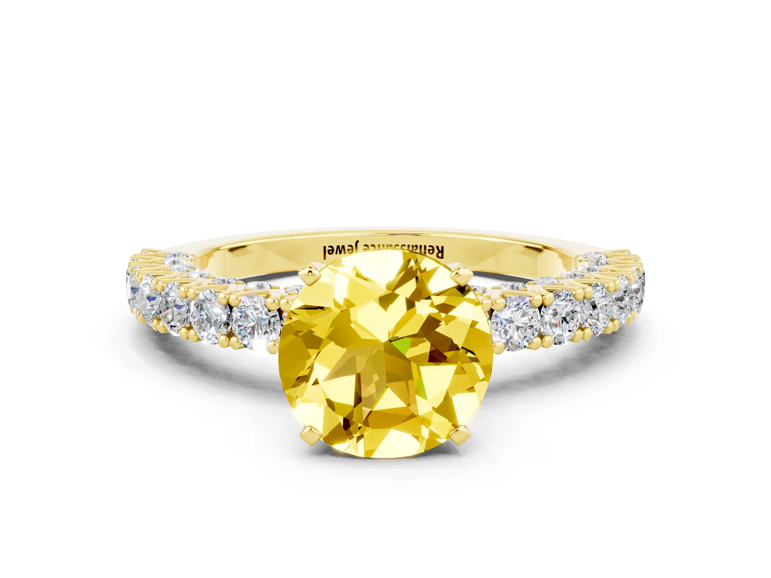 Yellow gold Round Cut Diamond Pavé Band Solitaire Ring with Prong Setting