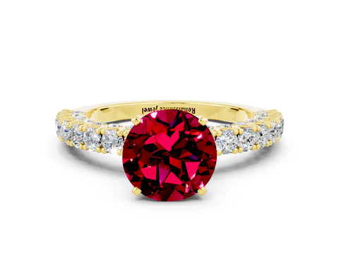 Yellow gold Round Cut Diamond Pavé Band Solitaire Ring with Prong Setting