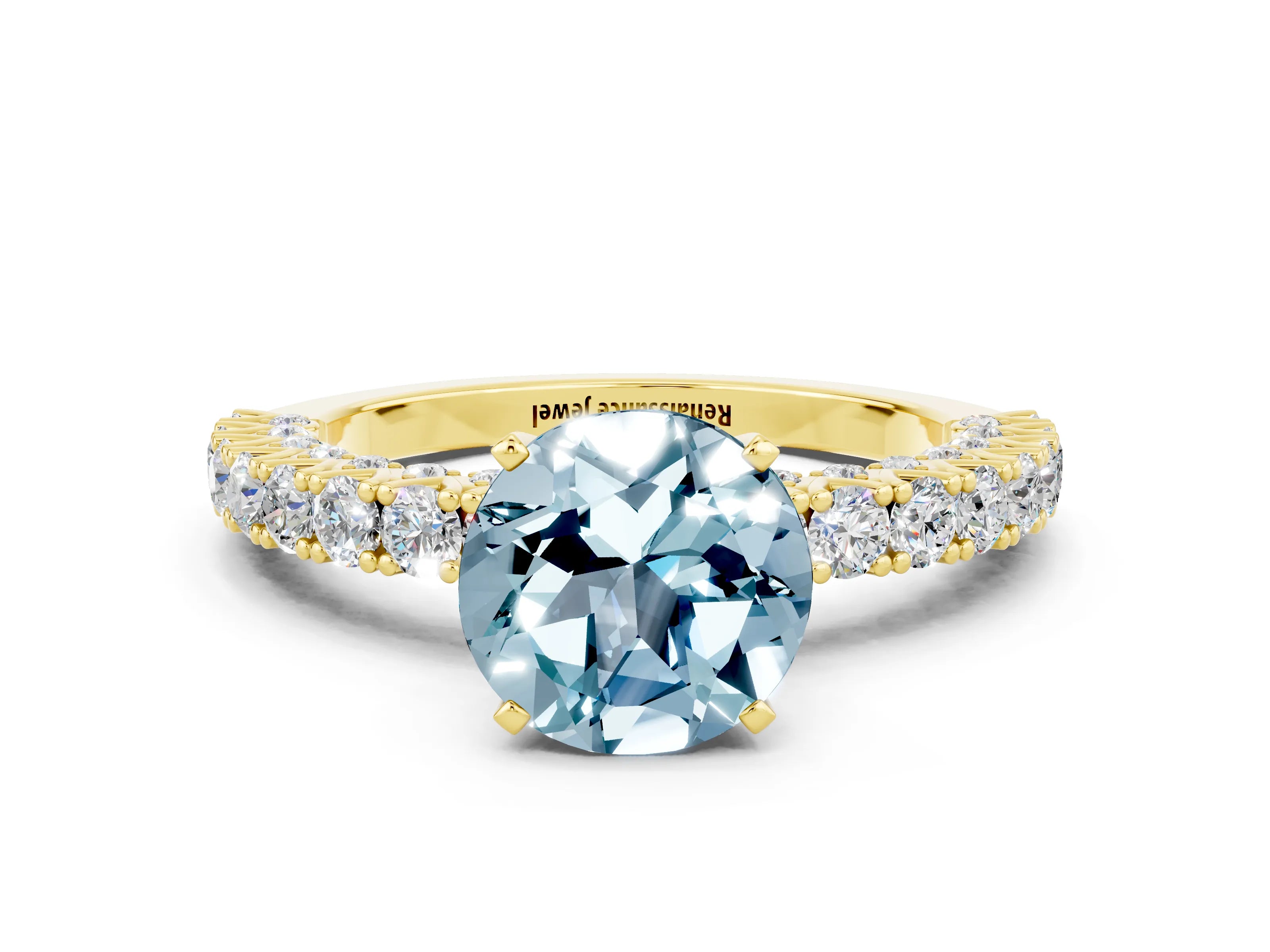 Yellow gold Round Cut Diamond Pavé Band Solitaire Ring with Prong Setting