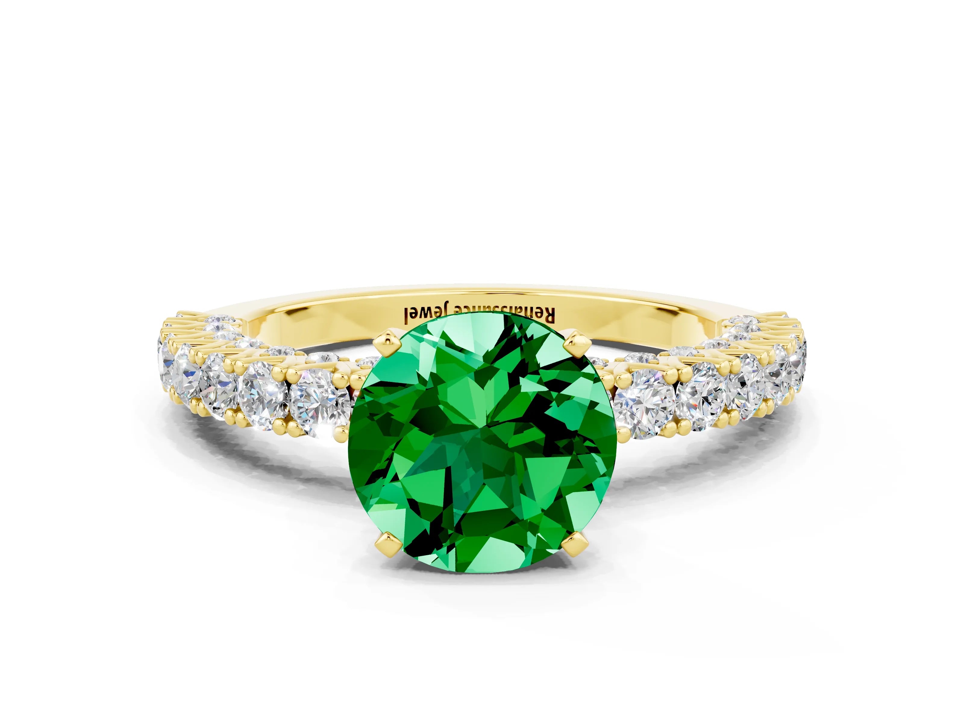 Yellow gold Round Cut Diamond Pavé Band Solitaire Ring with Prong Setting