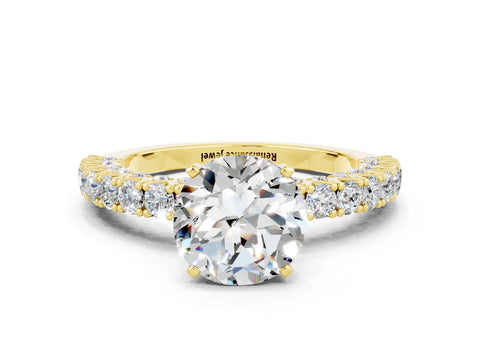 Yellow gold Round Cut Diamond Pavé Band Solitaire Ring with Prong Setting