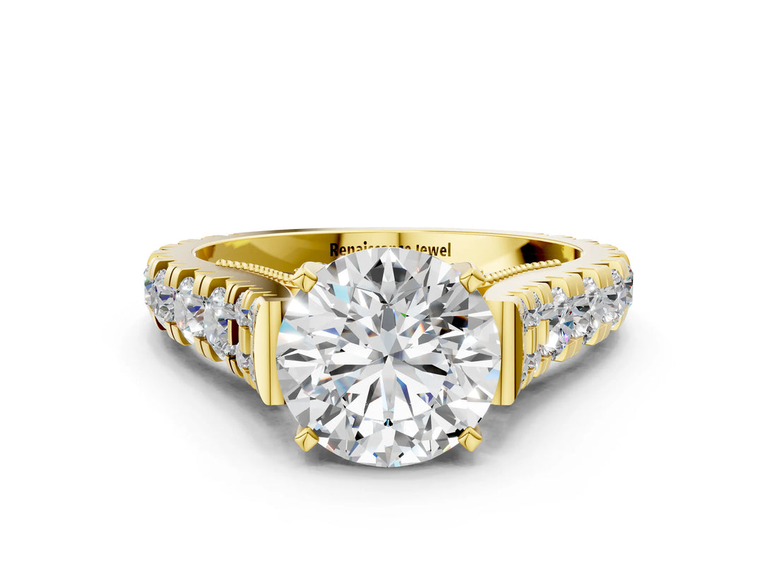 Yellow gold Round Cut Diamond Pavé Band Solitaire with Four-Prong Setting_16