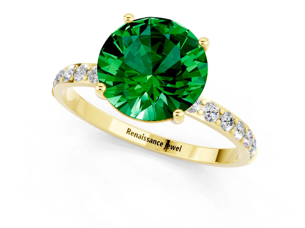 Yellow gold Round Cut Emerald Solitaire Ring with Round Pavé Shoulders and Prong Setting