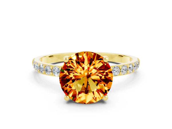 Yellow gold Round Cut Citrine Solitaire Ring with Round Pavé Shoulders and Prong Setting