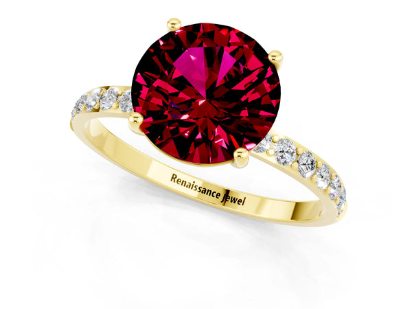 Yellow gold Round Cut Garnet Solitaire Ring with Round Pavé Shoulders and Prong Setting