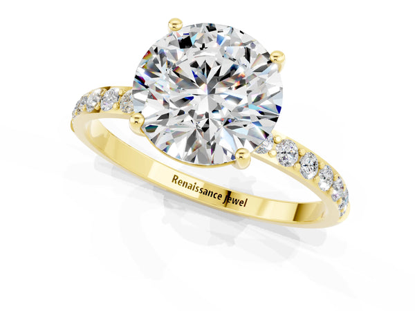 Yellow gold Round Cut Moissanite Solitaire Ring with Round Pavé Shoulders and Prong Setting