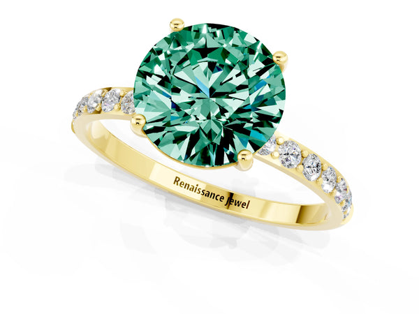 Yellow gold Round Cut Green Sapphire Solitaire Ring with Round Pavé Shoulders and Prong Setting