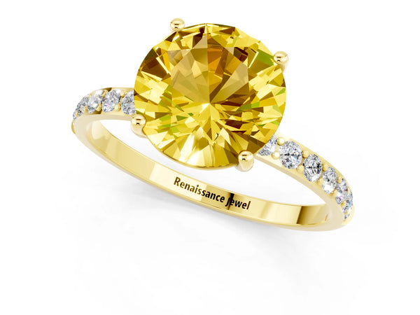 Yellow gold Round Cut Yellow Sapphire Solitaire Ring with Round Pavé Shoulders and Prong Setting