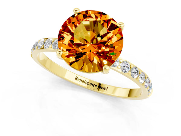 Yellow gold Round Cut Citrine Solitaire Ring with Round Pavé Shoulders and Prong Setting