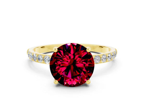 Yellow gold Round Cut Garnet Solitaire Ring with Round Pavé Shoulders and Prong Setting
