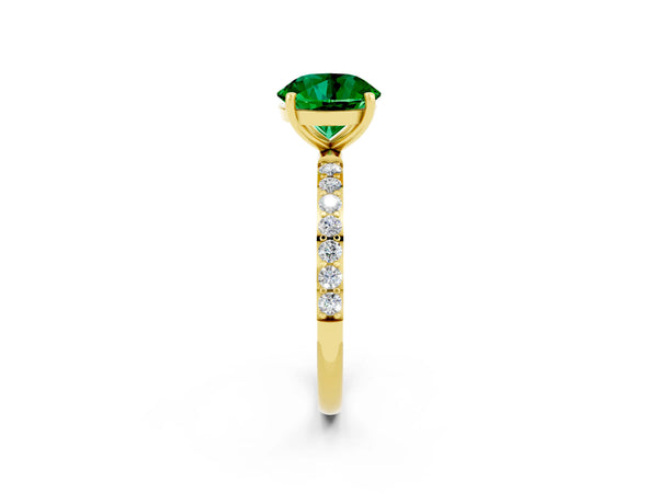 Yellow gold Round Cut Emerald Solitaire Ring with Round Pavé Shoulders and Prong Setting