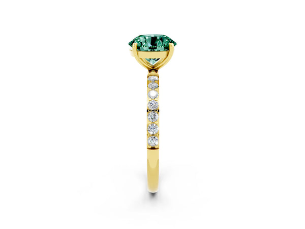 Yellow gold Round Cut Green Sapphire Solitaire Ring with Round Pavé Shoulders and Prong Setting