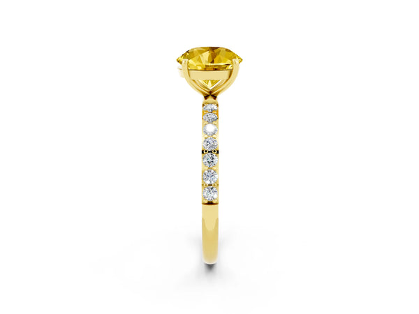Yellow gold Round Cut Yellow Sapphire Solitaire Ring with Round Pavé Shoulders and Prong Setting
