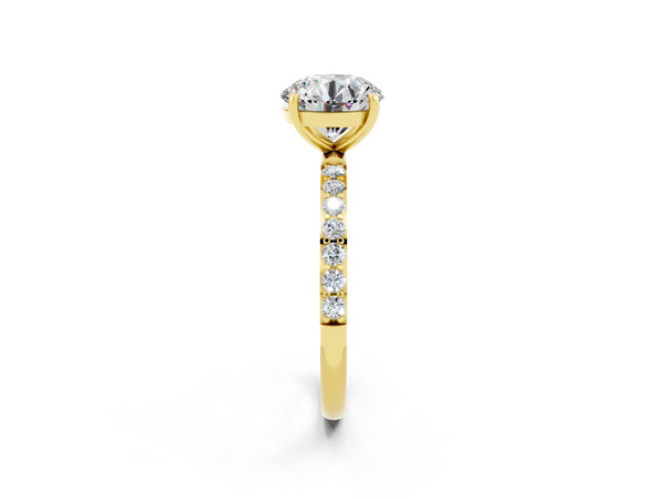 Yellow gold Round Cut Moissanite Solitaire Ring with Round Pavé Shoulders and Prong Setting