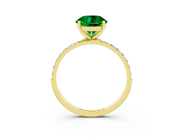 Yellow gold Round Cut Emerald Solitaire Ring with Round Pavé Shoulders and Prong Setting