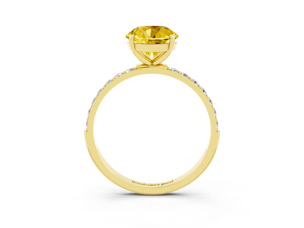 Yellow gold Round Cut Yellow Sapphire Solitaire Ring with Round Pavé Shoulders and Prong Setting