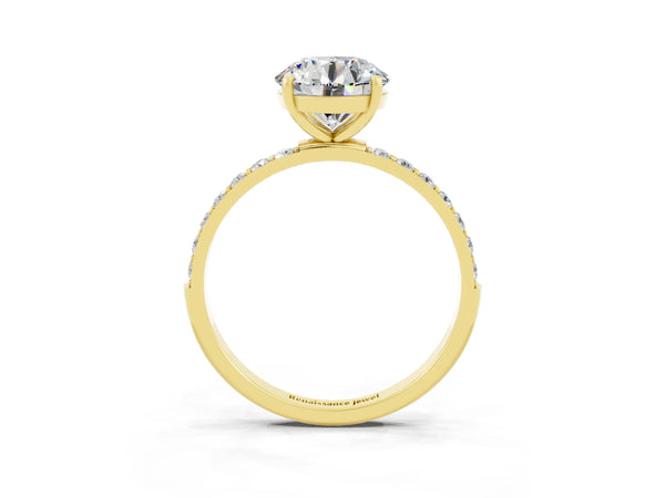 Yellow gold Round Cut Moissanite Solitaire Ring with Round Pavé Shoulders and Prong Setting