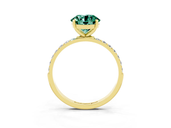 Yellow gold Round Cut Green Sapphire Solitaire Ring with Round Pavé Shoulders and Prong Setting