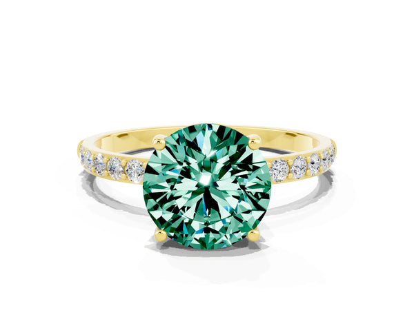 Yellow gold Round Cut Green Sapphire Solitaire Ring with Round Pavé Shoulders and Prong Setting