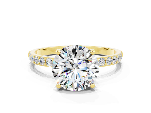 Yellow gold Round Cut Moissanite Solitaire Ring with Round Pavé Shoulders and Prong Setting