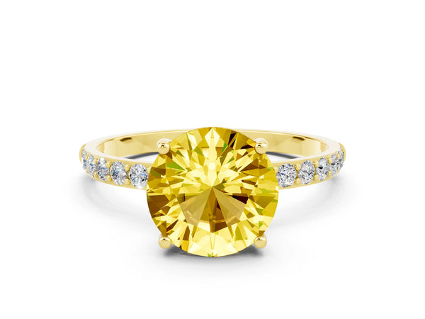 Yellow gold Round Cut Yellow Sapphire Solitaire Ring with Round Pavé Shoulders and Prong Setting