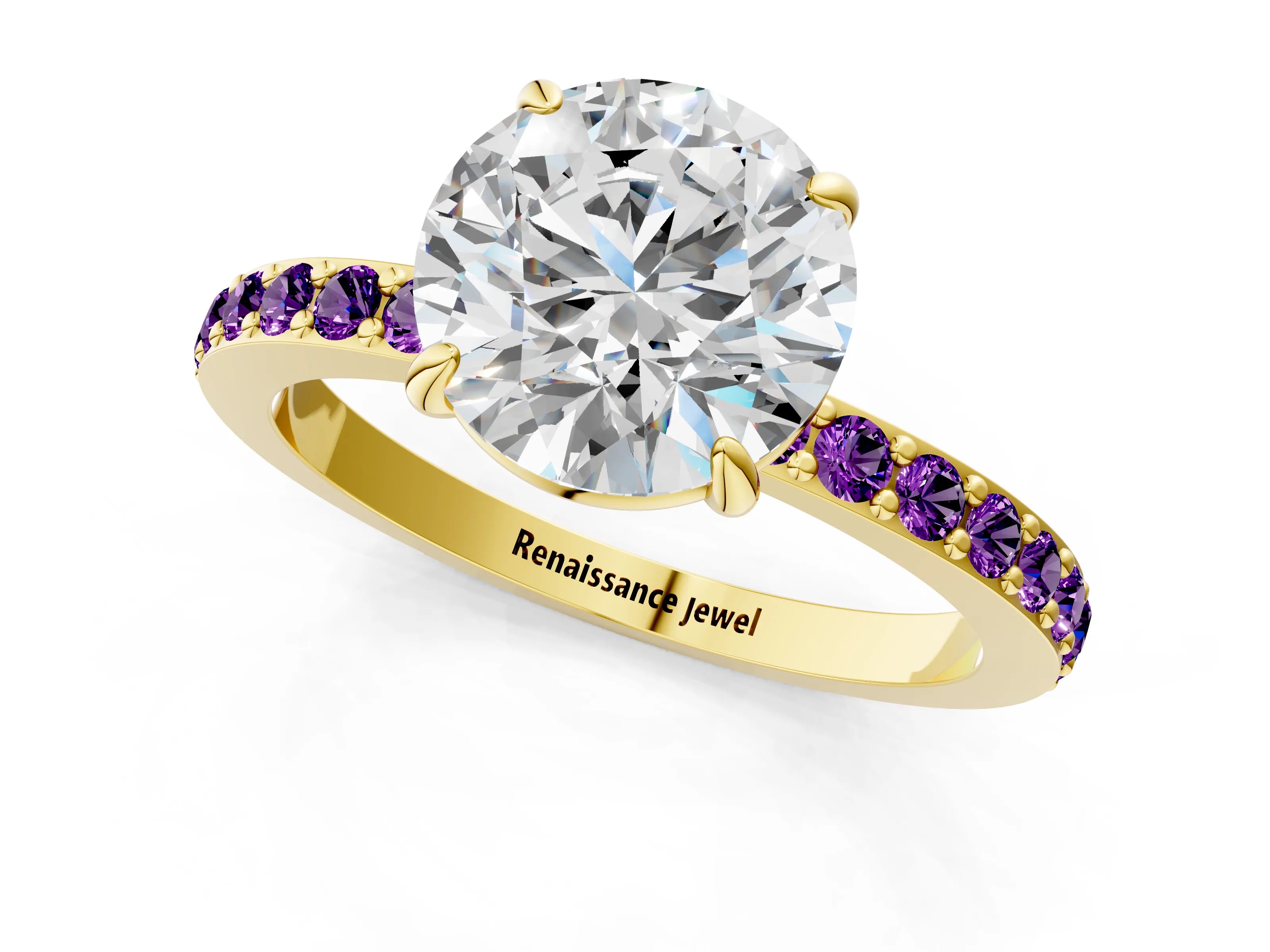 Yellow gold Round Cut Diamond Pavé Engagement Ring with Round with Amethyst side stone Accents and Prong Setting_1