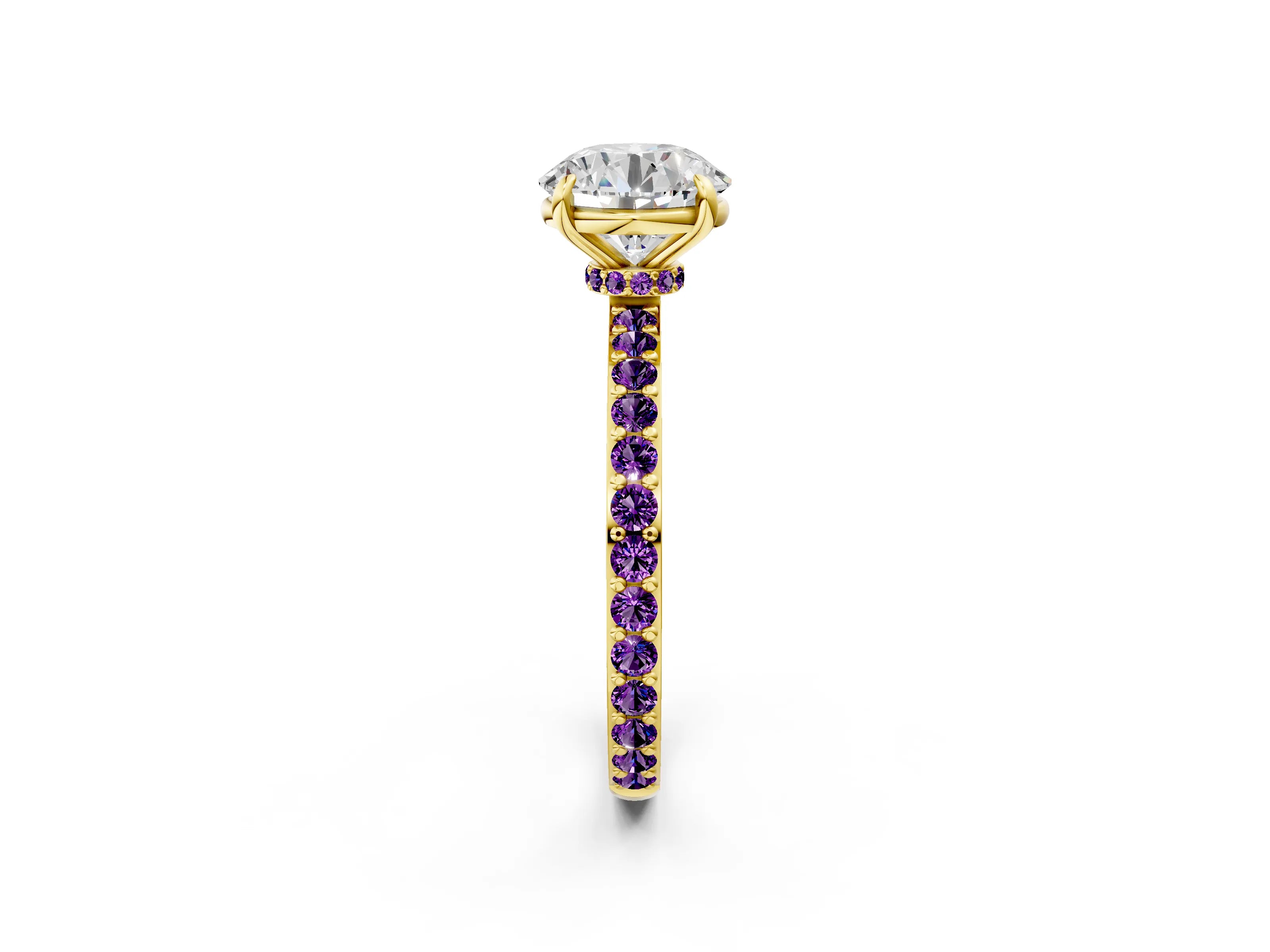 Yellow gold Round Cut Diamond Pavé Engagement Ring with Round with Amethyst side stone Accents and Prong Setting_2