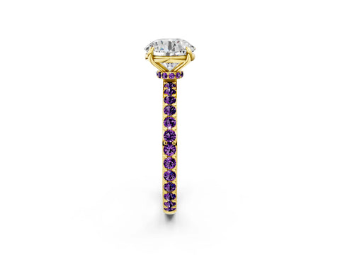 Yellow gold Round Cut Diamond Pavé Engagement Ring with Round with Amethyst side stone Accents and Prong Setting_2