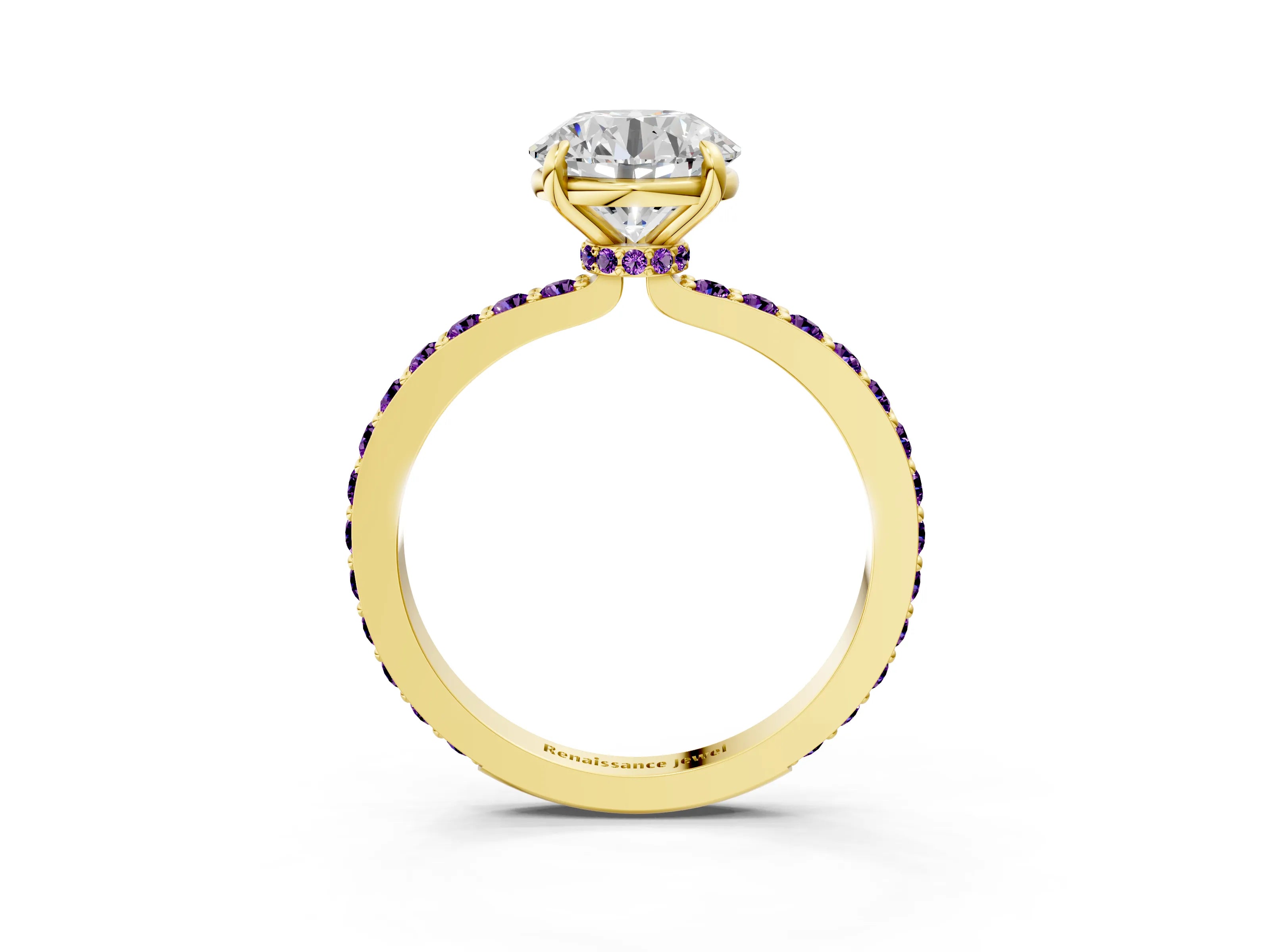 Yellow gold Round Cut Diamond Pavé Engagement Ring with Round with Amethyst side stone Accents and Prong Setting_3