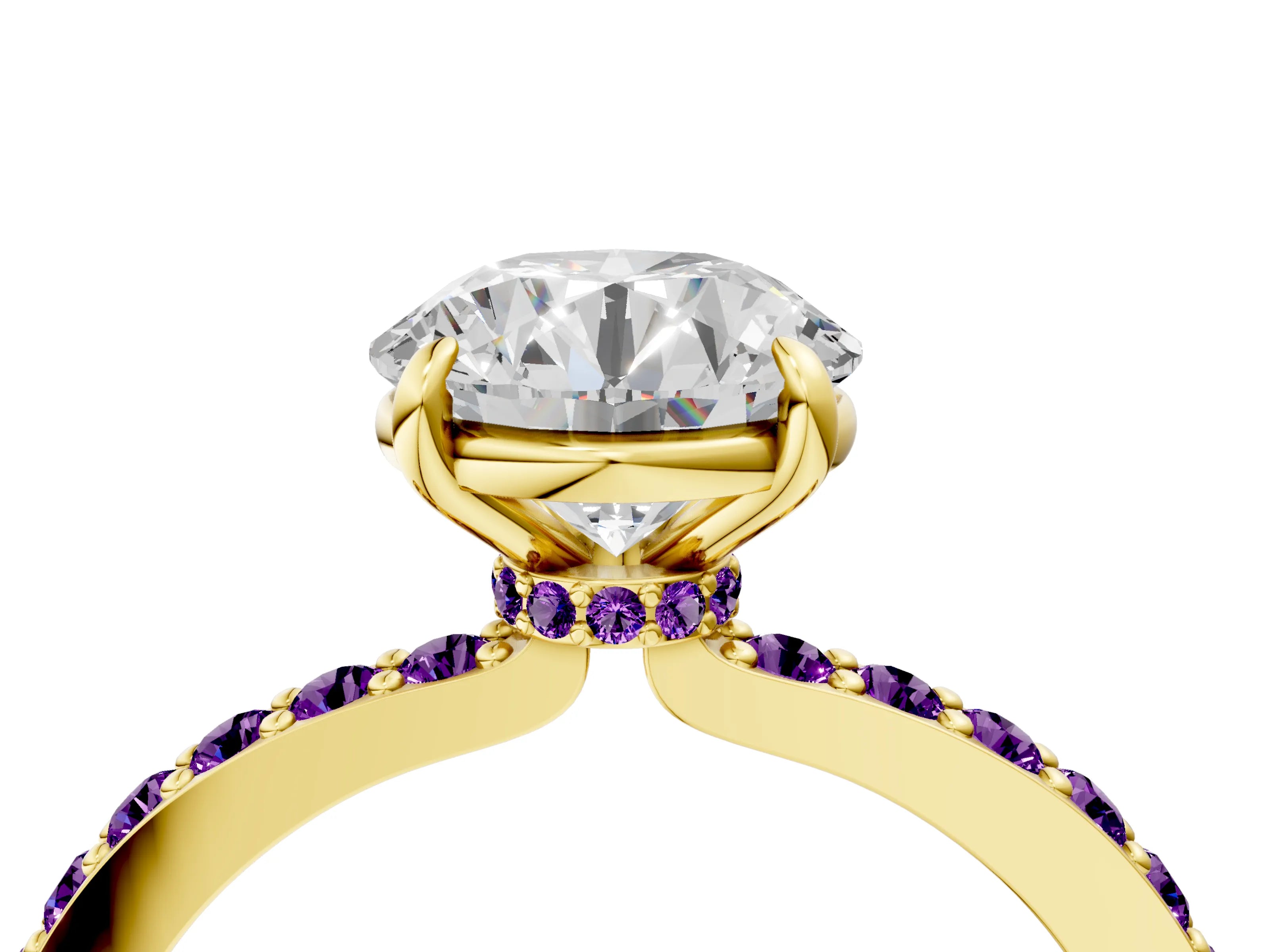Yellow gold Round Cut Diamond Pavé Engagement Ring with Round with Amethyst side stone Accents and Prong Setting_4