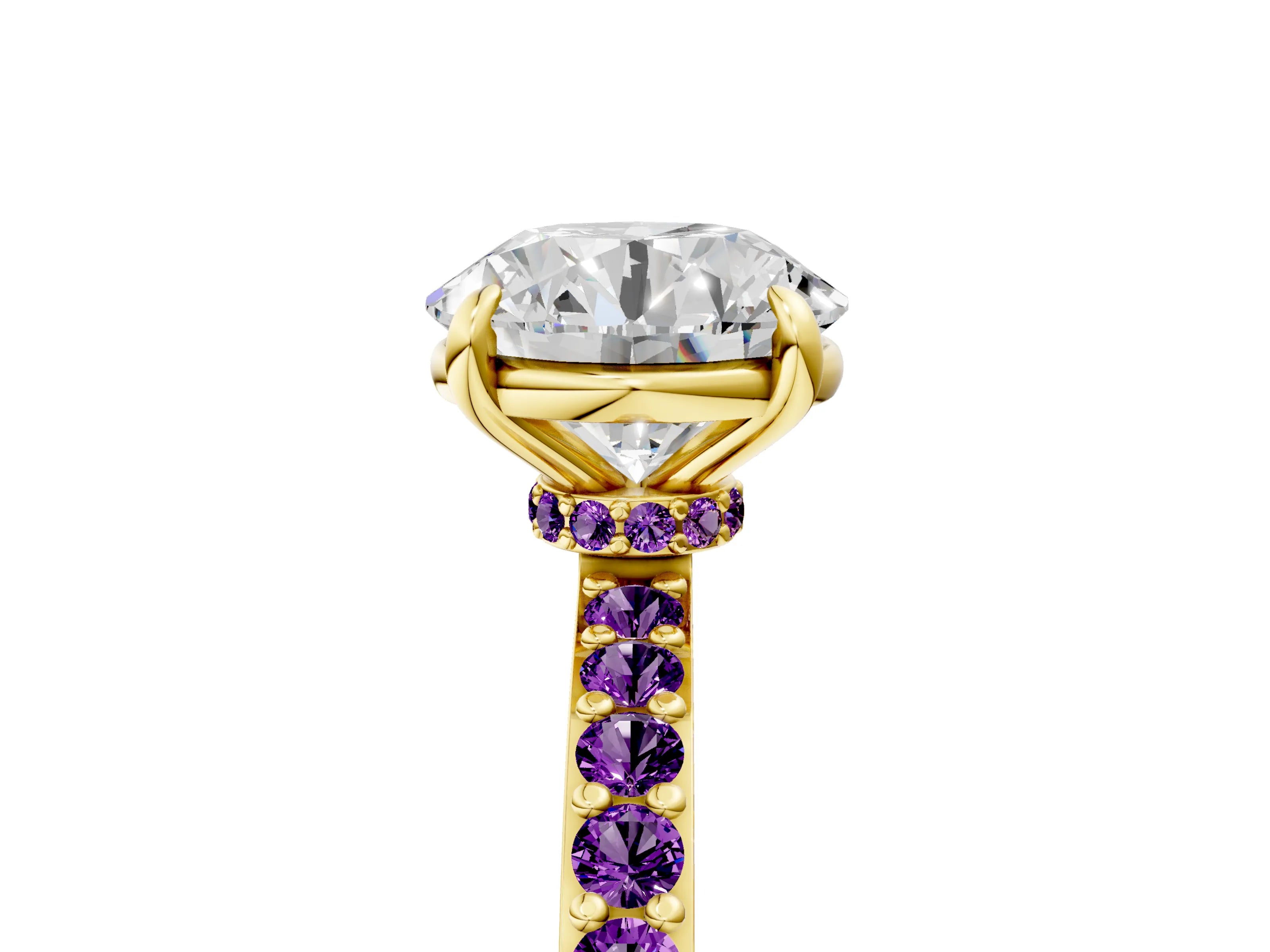 Yellow gold Round Cut Diamond Pavé Engagement Ring with Round with Amethyst side stone Accents and Prong Setting_5
