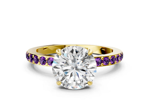 Yellow gold Round Cut Diamond Pavé Engagement Ring with Round with Amethyst side stone Accents and Prong Setting