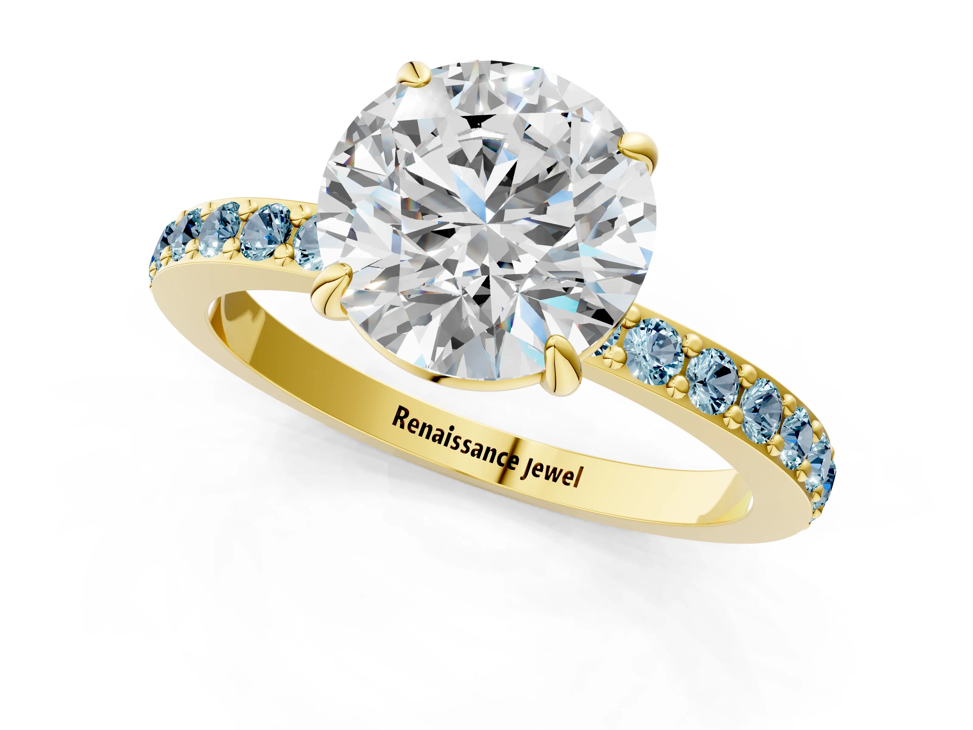 Yellow gold Round Cut Diamond Pavé Engagement Ring with Round with Aquamarine side stone Accents and Prong Setting_1