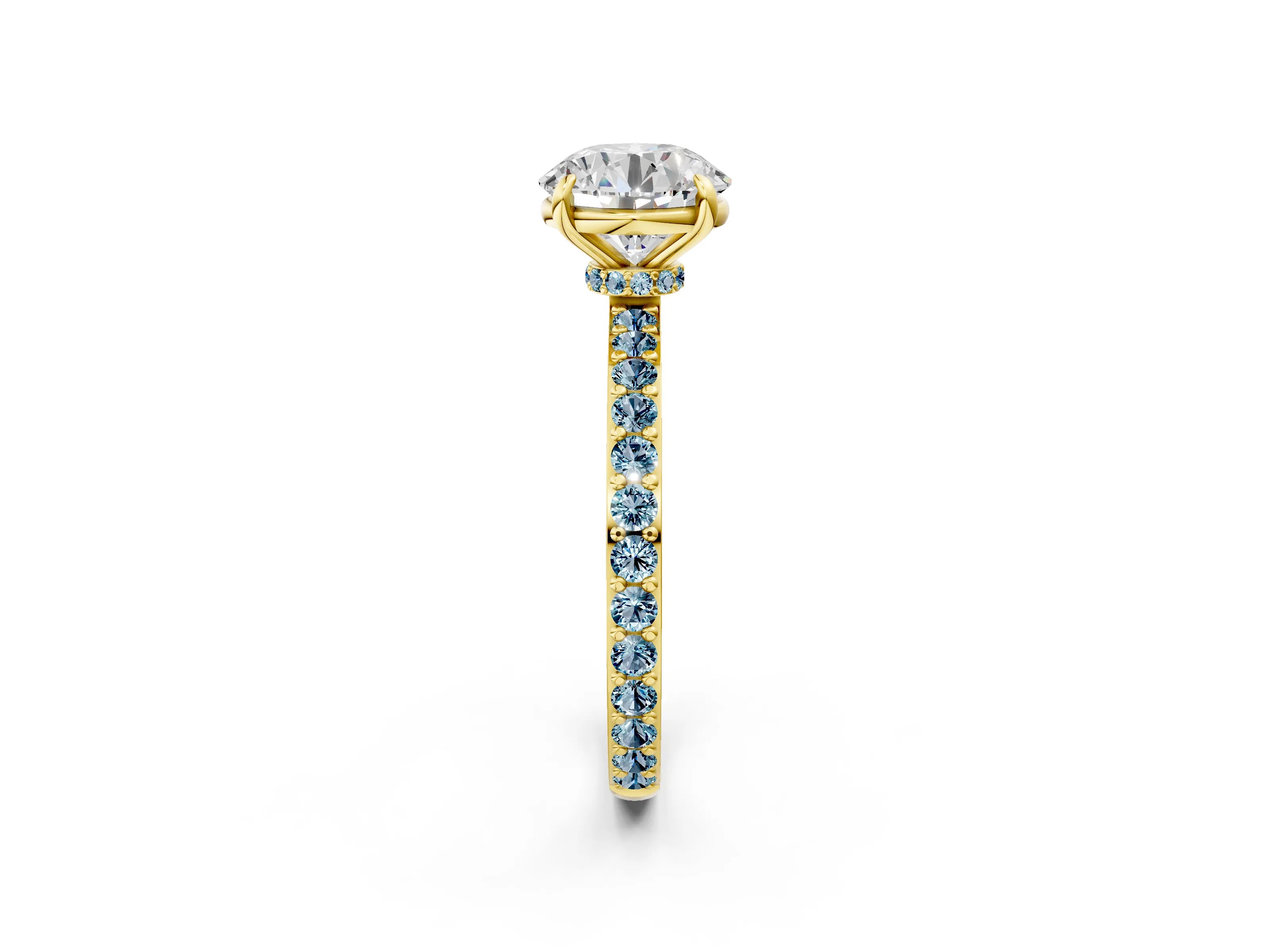 Yellow gold Round Cut Diamond Pavé Engagement Ring with Round with Aquamarine side stone Accents and Prong Setting_2
