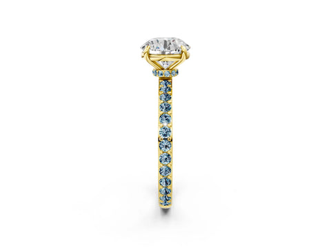 Yellow gold Round Cut Diamond Pavé Engagement Ring with Round with Aquamarine side stone Accents and Prong Setting_2