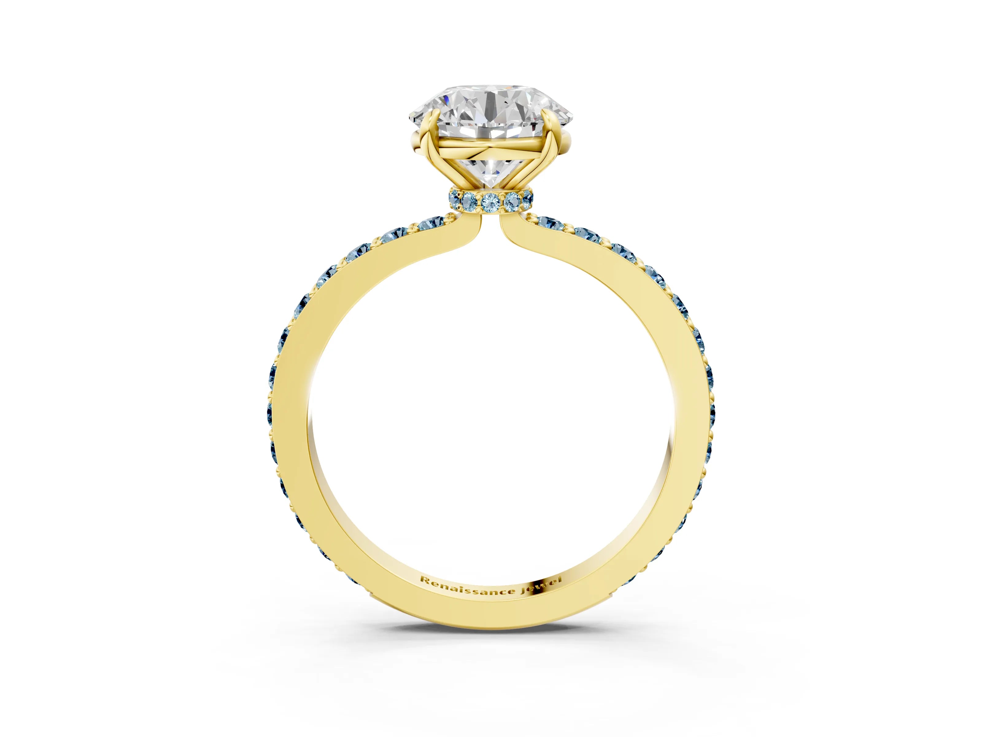 Yellow gold Round Cut Diamond Pavé Engagement Ring with Round with Aquamarine side stone Accents and Prong Setting_3
