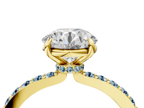 Yellow gold Round Cut Diamond Pavé Engagement Ring with Round with Aquamarine side stone Accents and Prong Setting_4