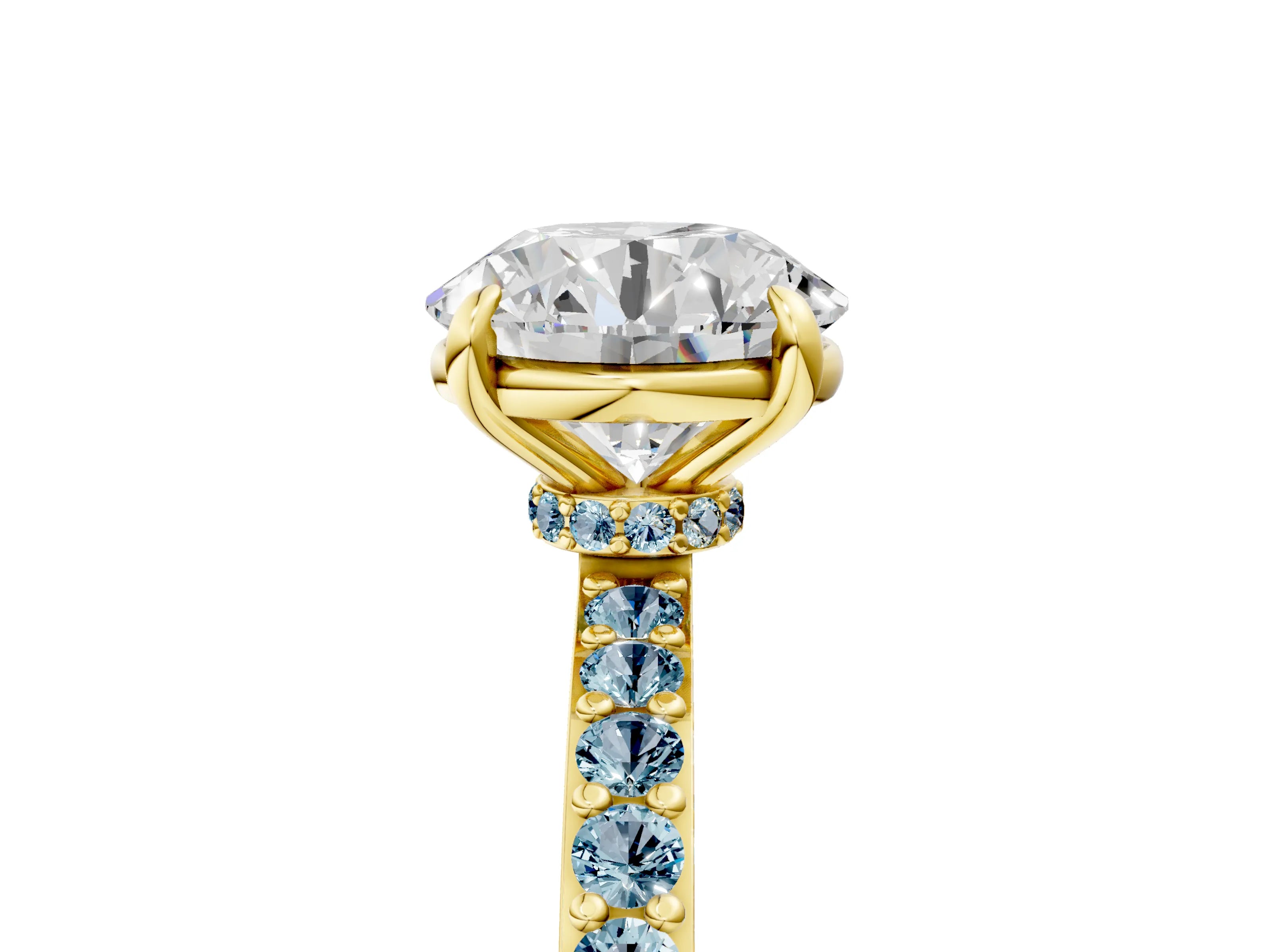 Yellow gold Round Cut Diamond Pavé Engagement Ring with Round with Aquamarine side stone Accents and Prong Setting_5