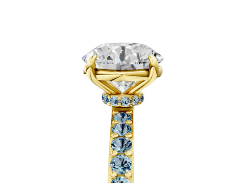 Yellow gold Round Cut Diamond Pavé Engagement Ring with Round with Aquamarine side stone Accents and Prong Setting_5
