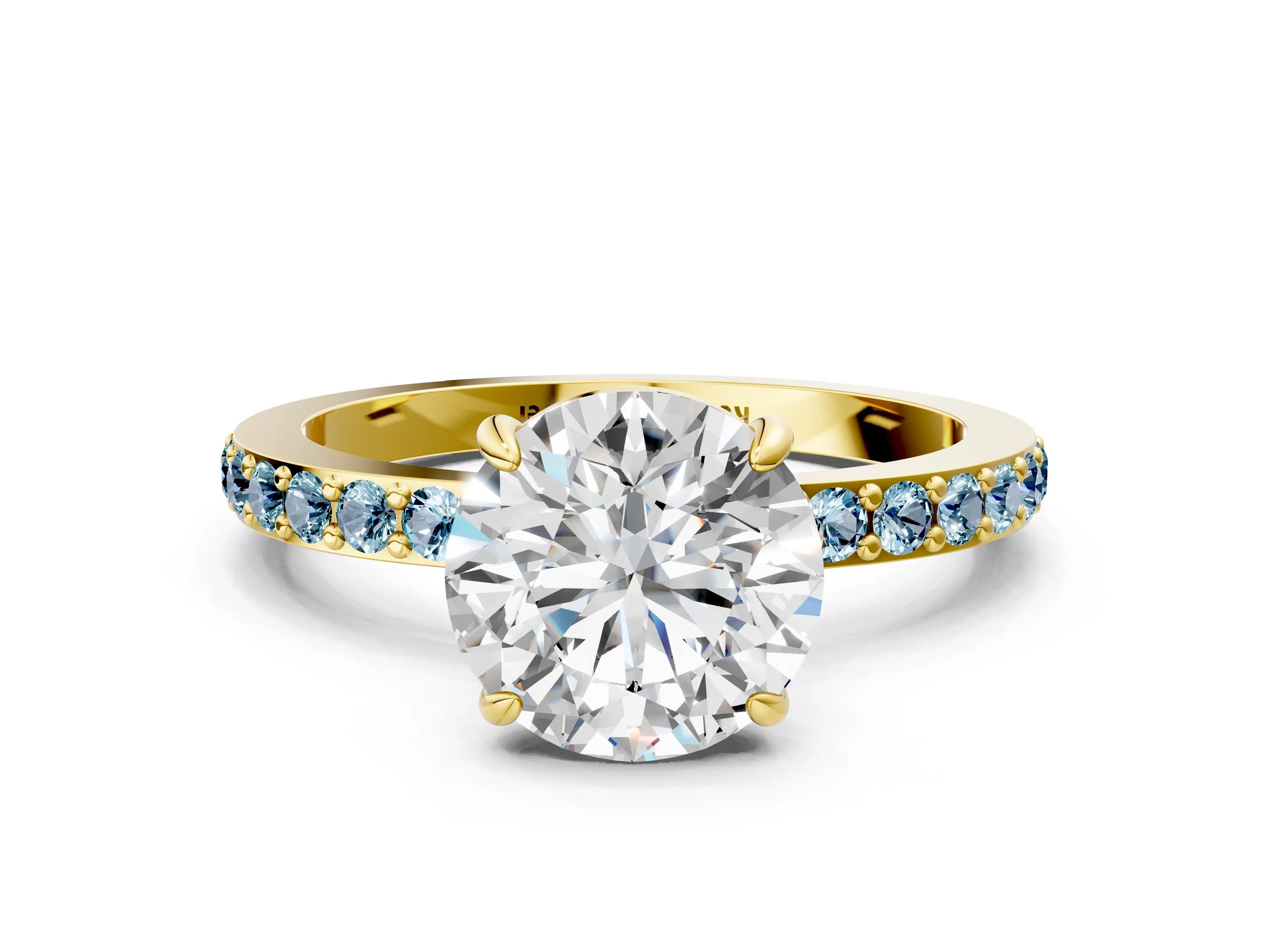 Yellow gold Round Cut Diamond Pavé Engagement Ring with Round with Aquamarine side stone Accents and Prong Setting