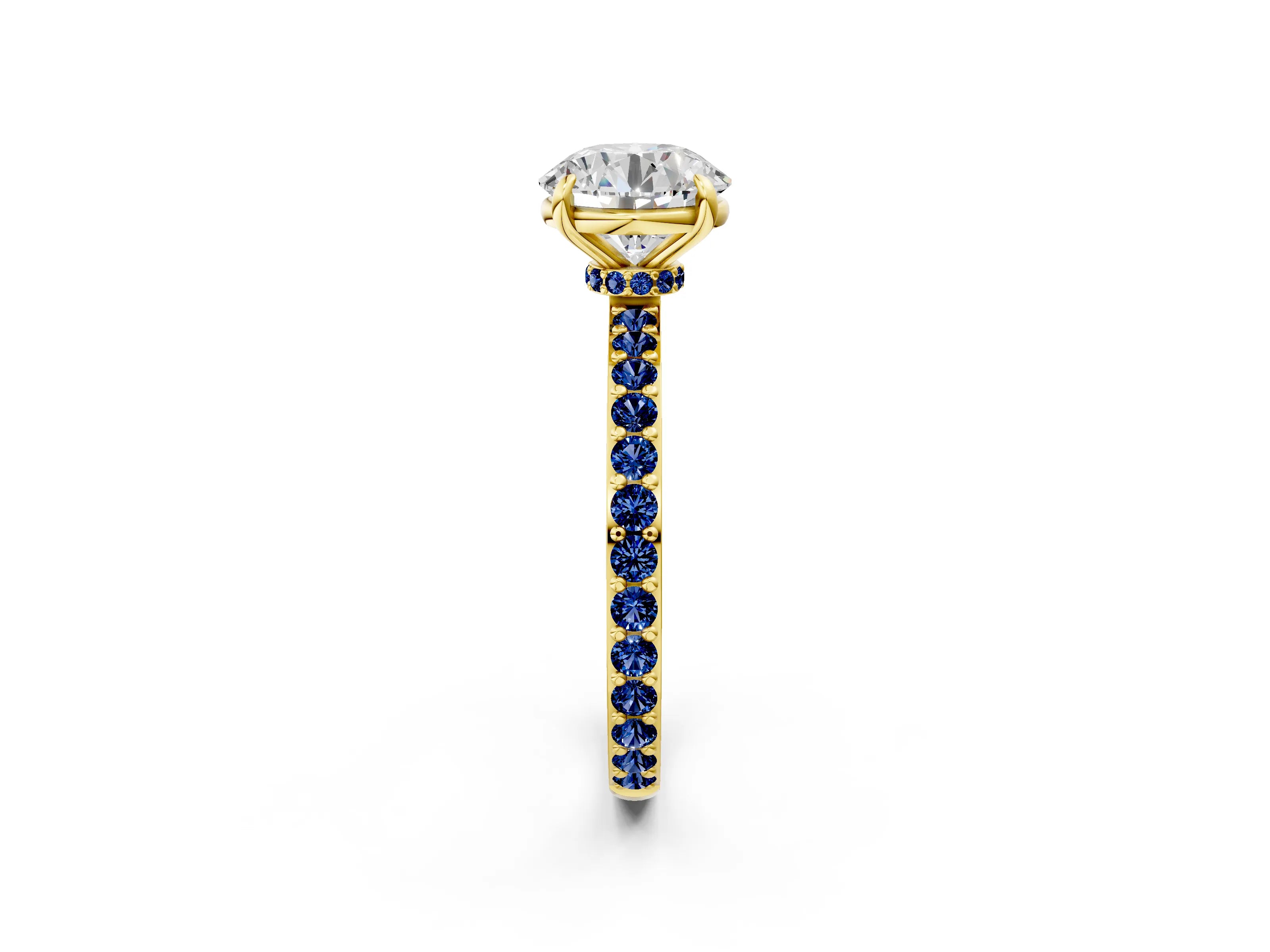 Yellow gold Round Cut Diamond Pavé Engagement Ring with Round with Blue Sapphire side stone Accents and Prong Setting_2