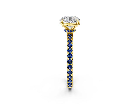 Yellow gold Round Cut Diamond Pavé Engagement Ring with Round with Blue Sapphire side stone Accents and Prong Setting_2